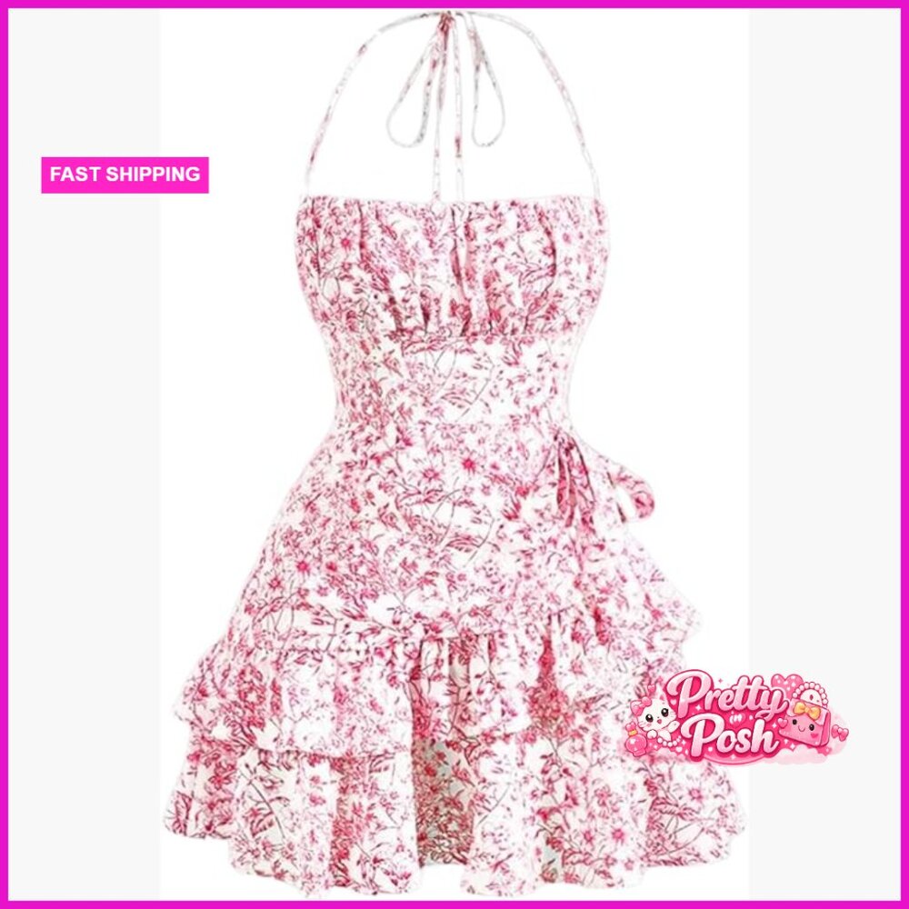 Polyester Elastane Halter Mini Dress with Ruffle … - image 1